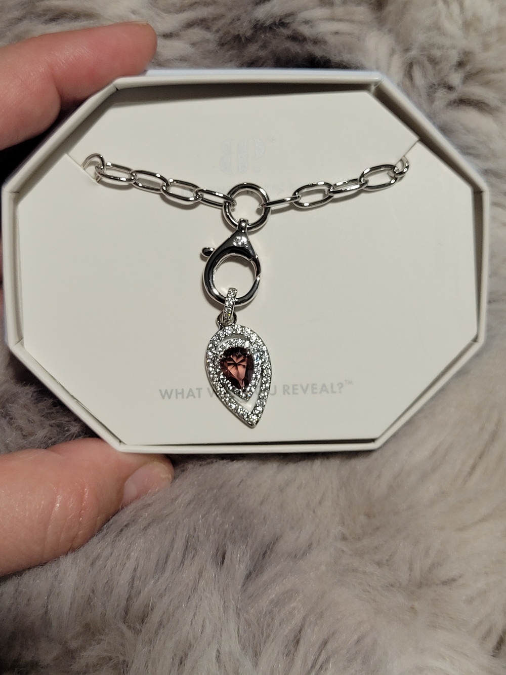 Silver Teardrop Charm Necklace with Pink Crystal Center